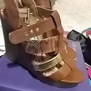 Brown Madden Girl Wedge Sandals with Snake-Print Straps - Women